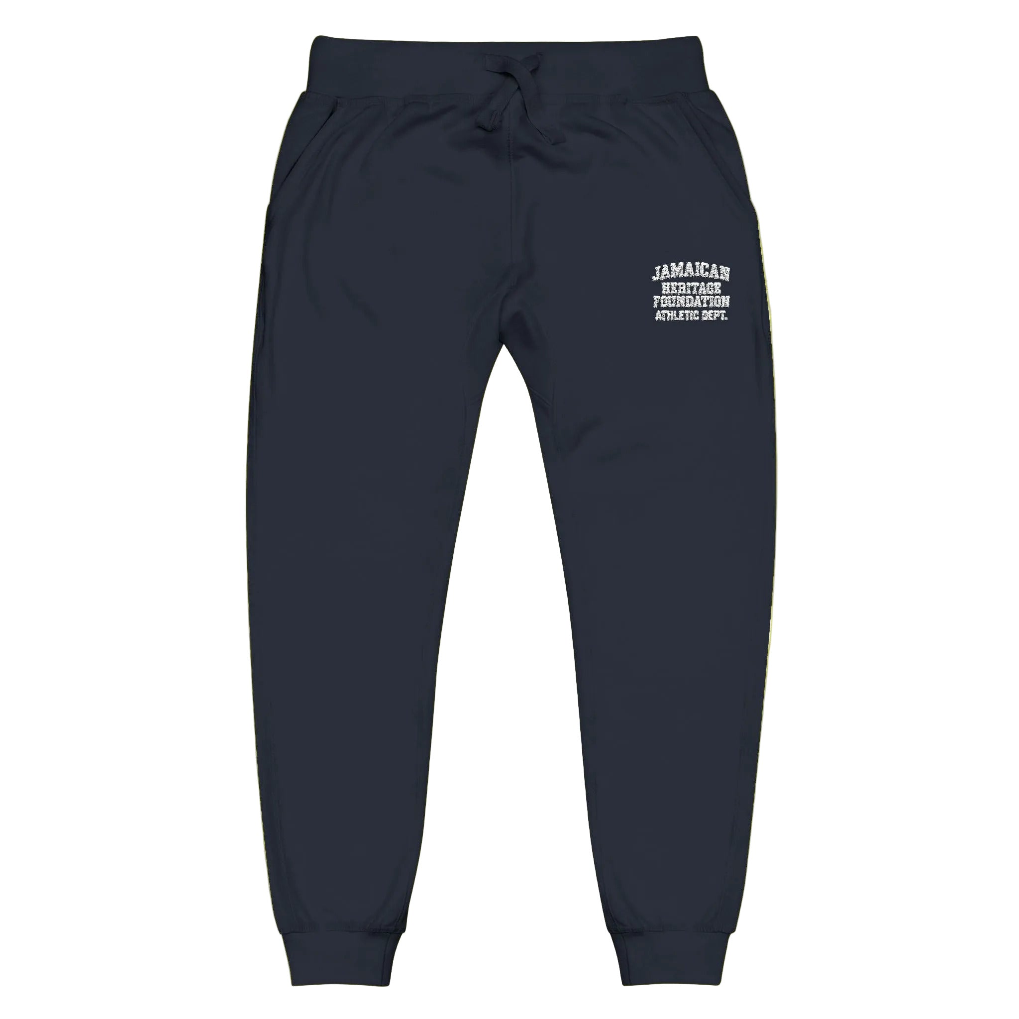 Navy blue sweatpants with white text on a yellow background